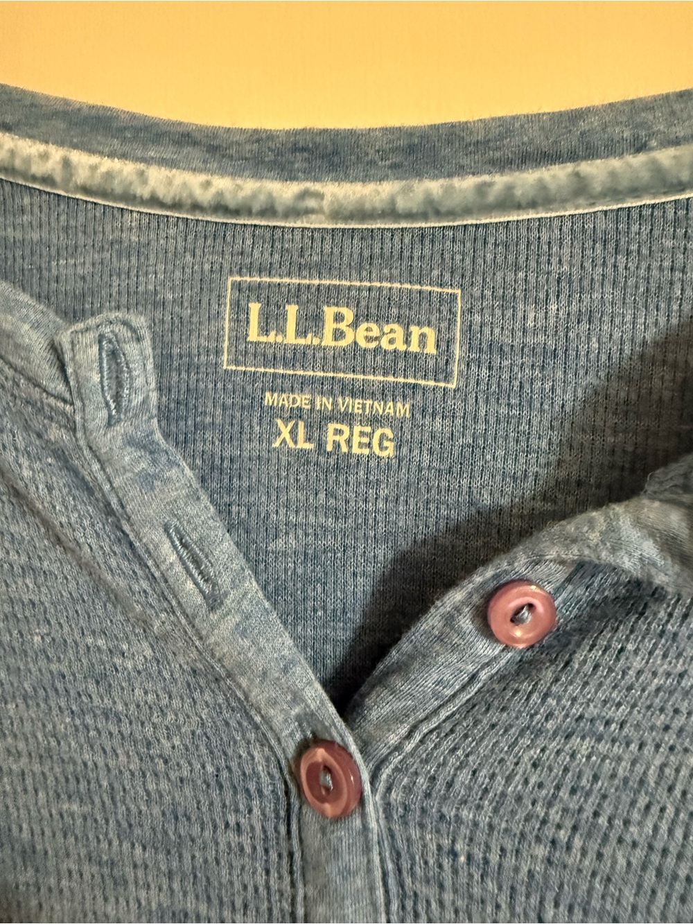 L.L.Bean Light Blue Waffle Henley with Pink Buttons